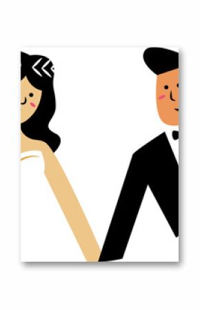 Bride and groom are standing side by side on transparent background, wearing gown and tuxedo