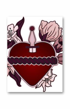 Vector red heart emblem on transparent background is showing dagger hilt, twisted band and blossoms