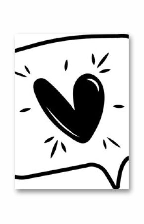 Black stylized heart is floating inside speech bubble on transparent background, with spark shapes