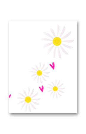 Vector art is showing white daisies diagonally with pink hearts on transparent backdrop
