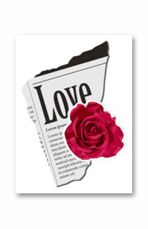Collage is combining torn newspaper, bold Love with red rose in flat design, transparent background