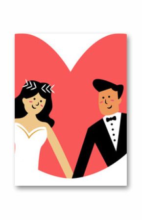 Cartoon bride and groom are posing inside red heart with branches, flowers, transparent background