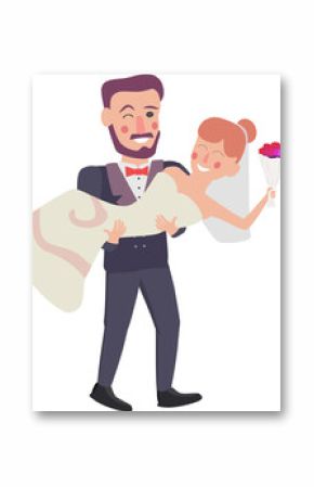 Groom is lifting bride in flat design, with bouquet and veil, transparent background