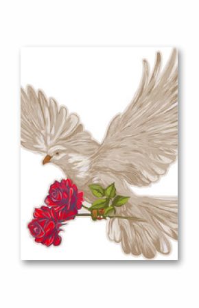 Stylized dove is flying with red roses and green stem in flat design, transparent background