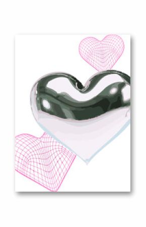 Three hearts are floating on transparent background in 3D silver and magenta-pink wireframe design
