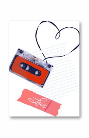 Flat design showing cassette on torn paper, heart-shaped ribbon, pink Love tape, no background