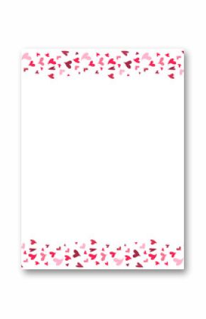 Scattered red, pink hearts are forming border around transparent canvas in flat design, copy space