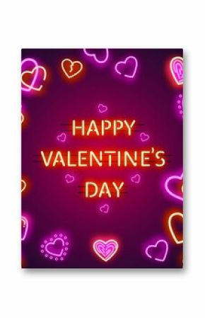 Image of happy valentine's day text with neon heart pattern on pink background