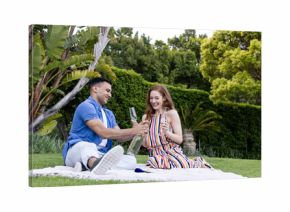 Young couple enjoying picnic outdoors, sharing champagne and smiling on blanket