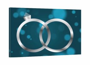 Glimmering diamond topped ring interlocking with plain silver band on teal background, bokeh lights