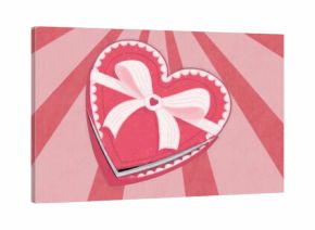 Displaying red heart-shaped gift box tied with white ribbon on pink radial backdrop, romance theme