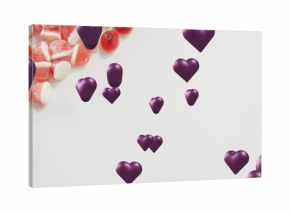 Floating purple 3D hearts drifting over white backdrop with red and white sugared gummies
