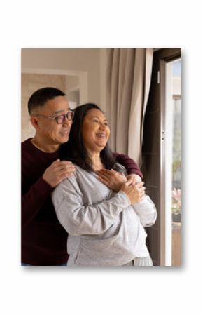 Multiracial senior couple embracing by window, smiling and enjoying cozy moment at home