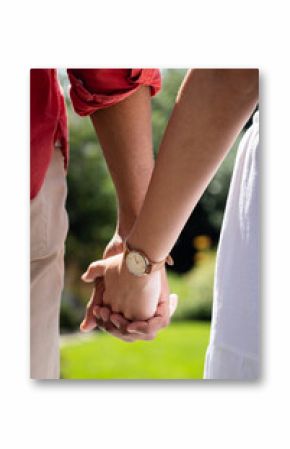 Diverse couple holding hands in garden, wearing casual clothes, enjoying sunny day together