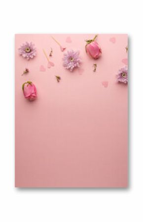 Vertical of pink flowerheads and heart confetti, on pink background with copy space