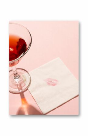 Red cocktail in glass, with lipstick print on napkin, on pale pink background with copy space