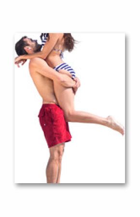 Digital png photo of happy caucasian couple in swimsuits embracing on transparent background