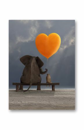 elephant and dog holding a heart shaped balloon