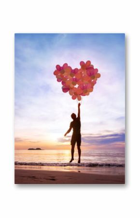 love concept, man flying with heart from balloons, fall in love