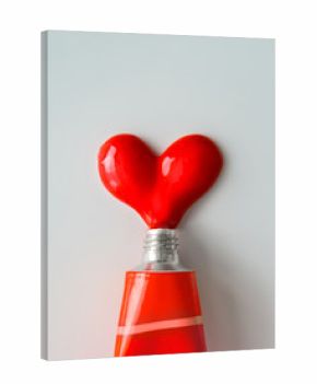 Red paint in shape of a heart on white paper background. Flat lay. Love concept.