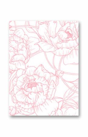Bezszwowy wzór, ręka rysująca kontur różowa peonia kwitnie na białym tle