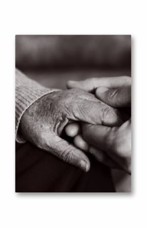 young man holding the hand of an old woman