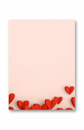 Red hears background, paper cut romantic concept, top view. Beautiful cute hearts on pastel pink table flat lay composition. Valentines Day greeting card concept. Mothers Day anniversary design.
