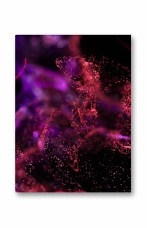 Image of falling glowing hearts shapes and pink wave on black background