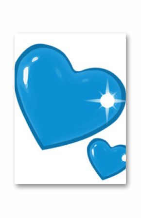 Two blue hearts in 3D render are gleaming with glossy shine and sparkle on transparent background
