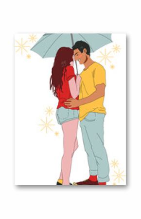Romantic couple standing under umbrella in flat style, transparent backdrop featuring yellow stars