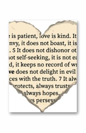 Flat design showing torn heart parchment featuring love text on transparent background, copy space