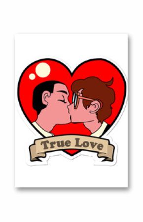 Showing kissing couple inside red heart flat art with banner and glasses on transparent background