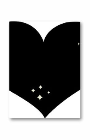 Stylized black heart is showing in flat design on transparent background, with pale yellow sparkles