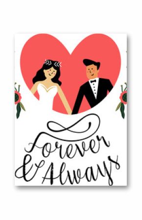 Flat-style bride  and  groom are standing in red heart with Forever  and  Always on transparent back
