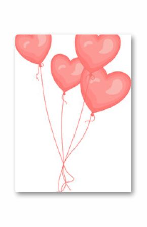 Four heart-shaped balloons are floating in flat design with curled strings, transparent background