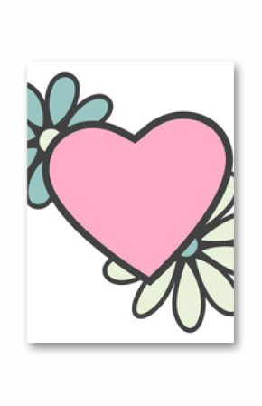Pink heart is overlapping two daisies in flat vector style, transparent background