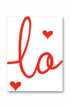 Red calligraphy is flowing spelling love across flat transparent vector background with hearts