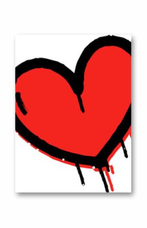 Flat red heart is floating on transparent layer with black outline, drips and white splatter