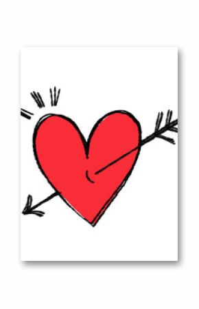 Red heart is being pierced diagonally by black arrow and accent lines, transparent background
