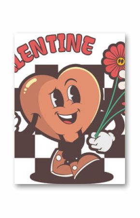 Flat heart is holding red daisies and waving under styled BE MY VALENTINE on transparent background