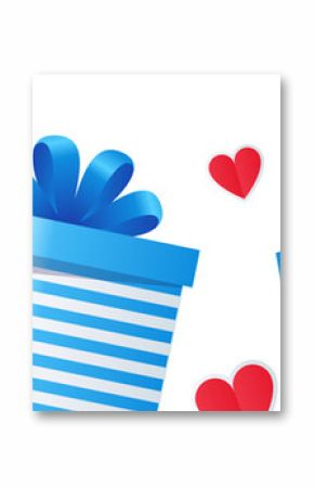Gift boxes with blue ribbons and red hearts are floating in flat-design on transparent backdrop