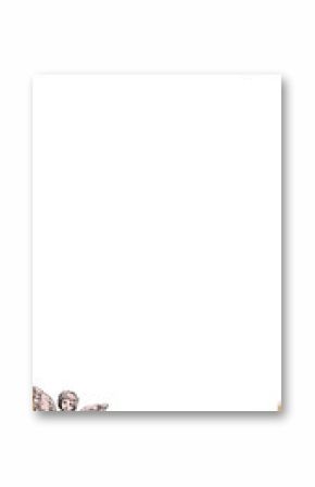 Romantic frame showing torn edges, script text, hearts, cherub, transparent background, copy space