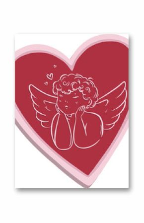 Cartoon cherub is resting inside flat heart design with floating hearts, transparent background
