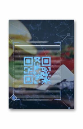 Image of a blue QR code with a web of connections over a fast food meal on a table digital composite