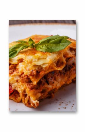 Traditional lasagna made with minced beef bolognese sauce