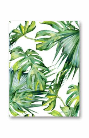 Bezszwowa akwareli ilustracja tropikalni liście, gęsta dżungla. Malowane ręcznie. Baner z motywem tropiku może służyć jako tekstura tła, papier pakowy, tkanina lub tapeta.