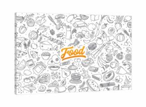 Hand drawn set of healthy food ingredient doodles with lettering in vector
