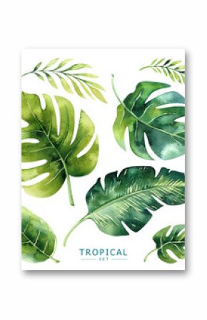 Ręcznie rysowane akwarela tropikalnych roślin zestaw. Egzotyczne liście palmowe, drzewo dżungli, elementy borany tropiku brazylijskiego. Idealny do projektowania tkanin. Kolekcja Aloha.