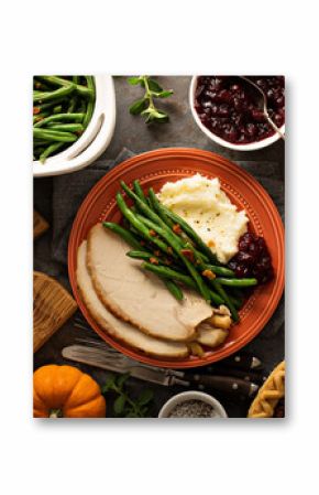 Thanksgiving plate with turkey, mashed potatoes and green beans