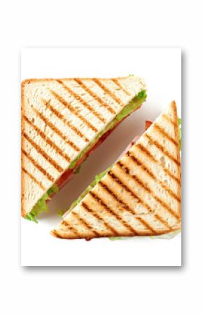 Sandwich with ham, cheese, tomatoes, lettuce, and toasted bread. Top view isolated on white background.